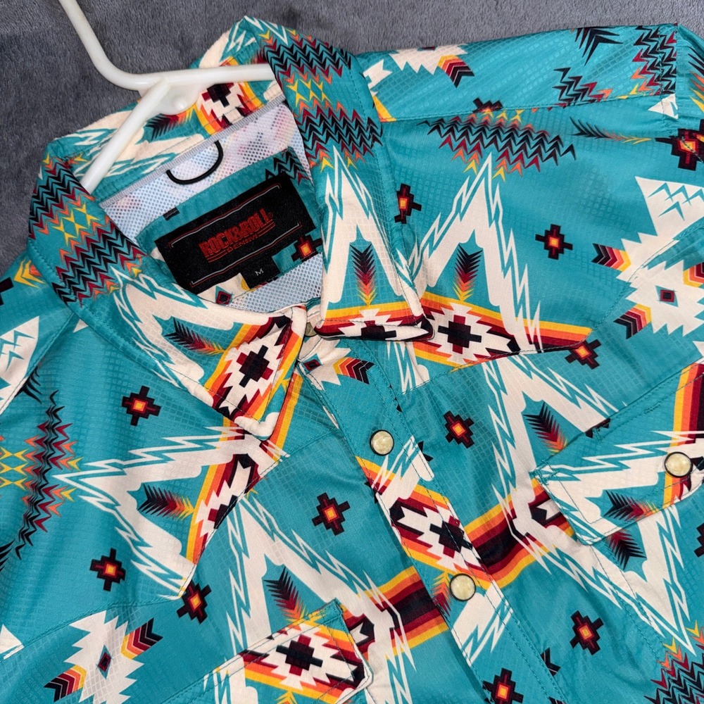 Rock and Roll Denim Mens Turquoise Aztec Western Pearl Snap Shirt BMN3S04219 M